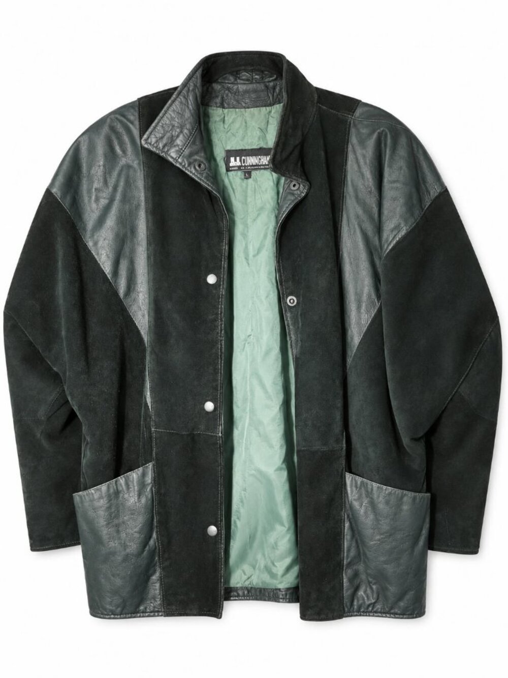 Comint Black Leather Suede Panel Jacket Snap Front Satin Lining M Vintage